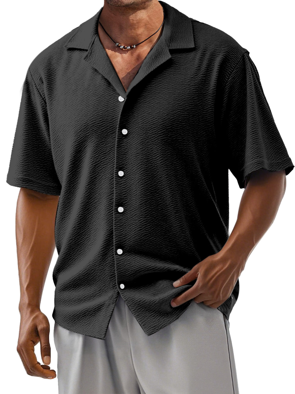 Men's Loose Solid Color Comfortable Texture Short-Sleeved Cuban Collar Shirt