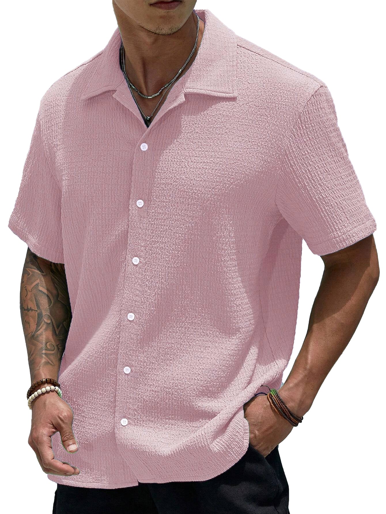 Stylish Men's Pleated Casual Lapel Short Sleeve Shirt