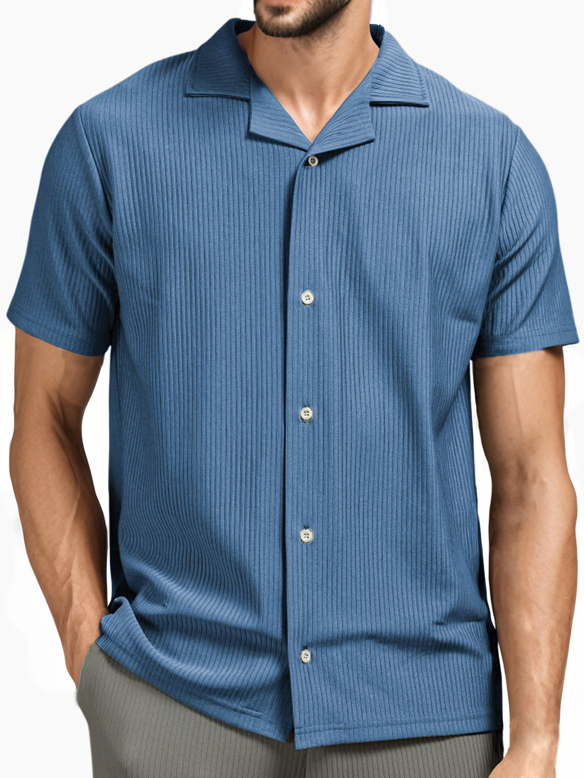 Men's Pit Stripe Pleated Cuban Collar Holiday Casual Button Short Sleeve Shirt