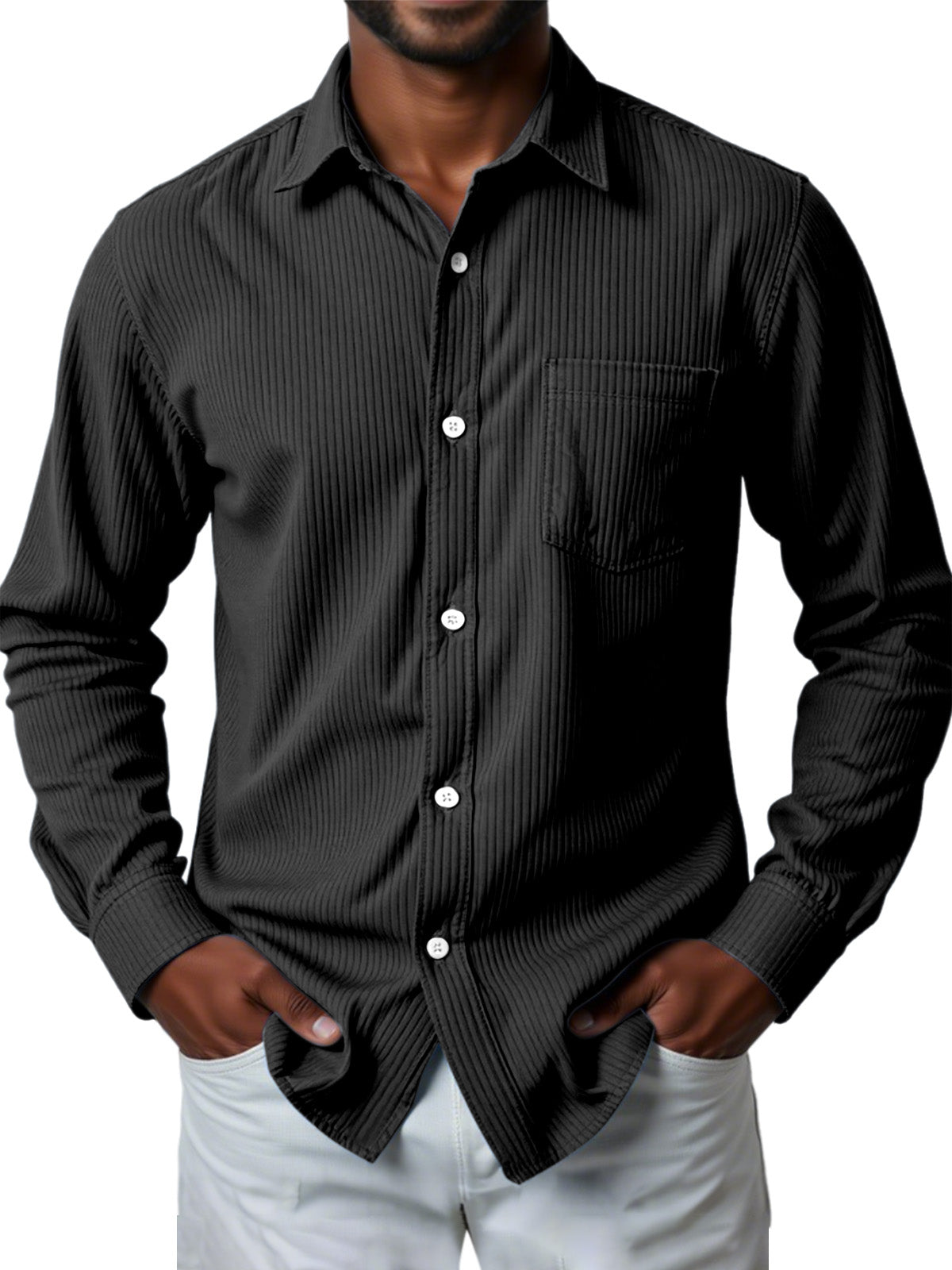 Men's Casual Solid Color Pit Striped Long-sleeved Shirt