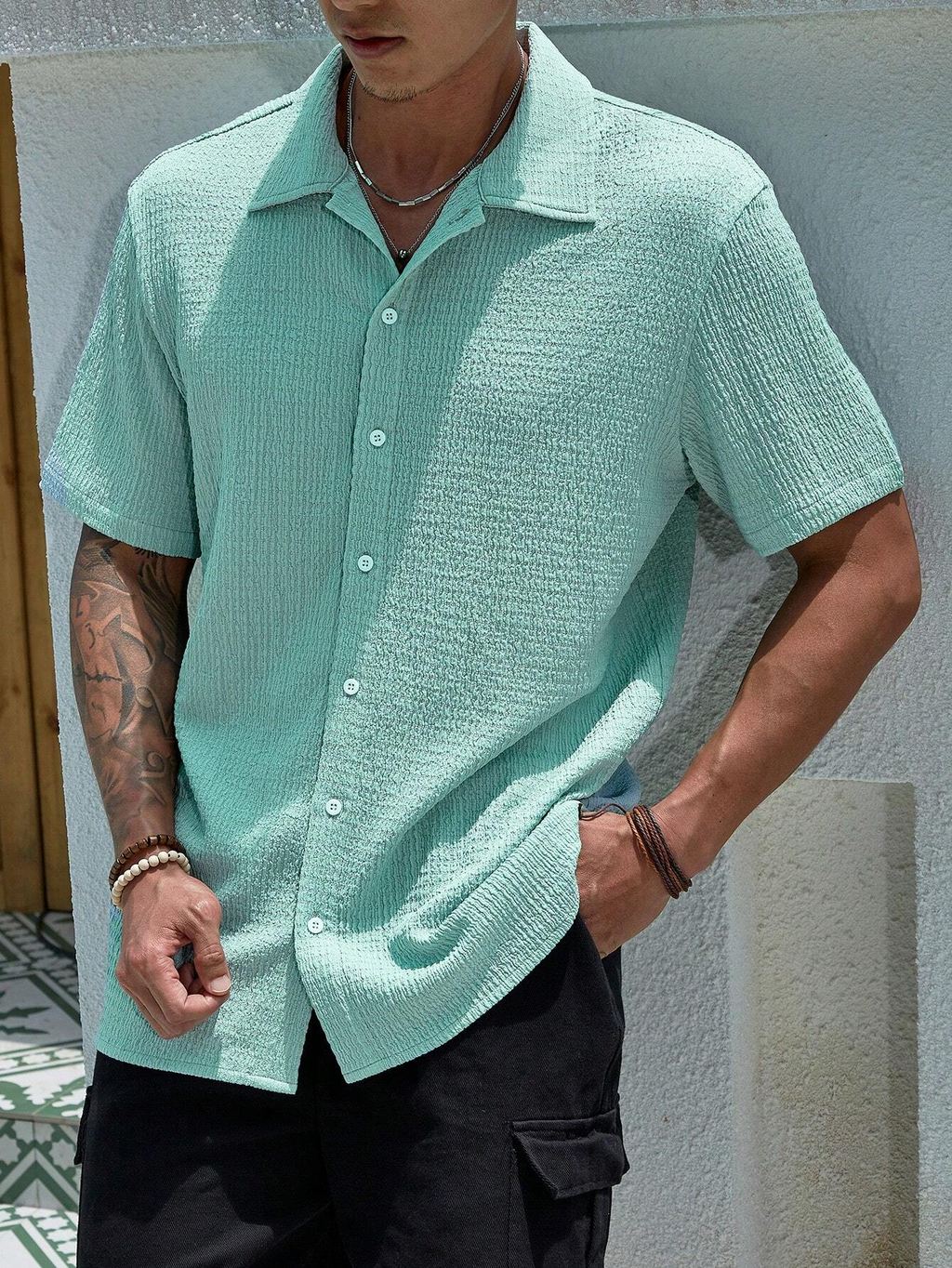 Stylish Men's Pleated Casual Lapel Short Sleeve Shirt