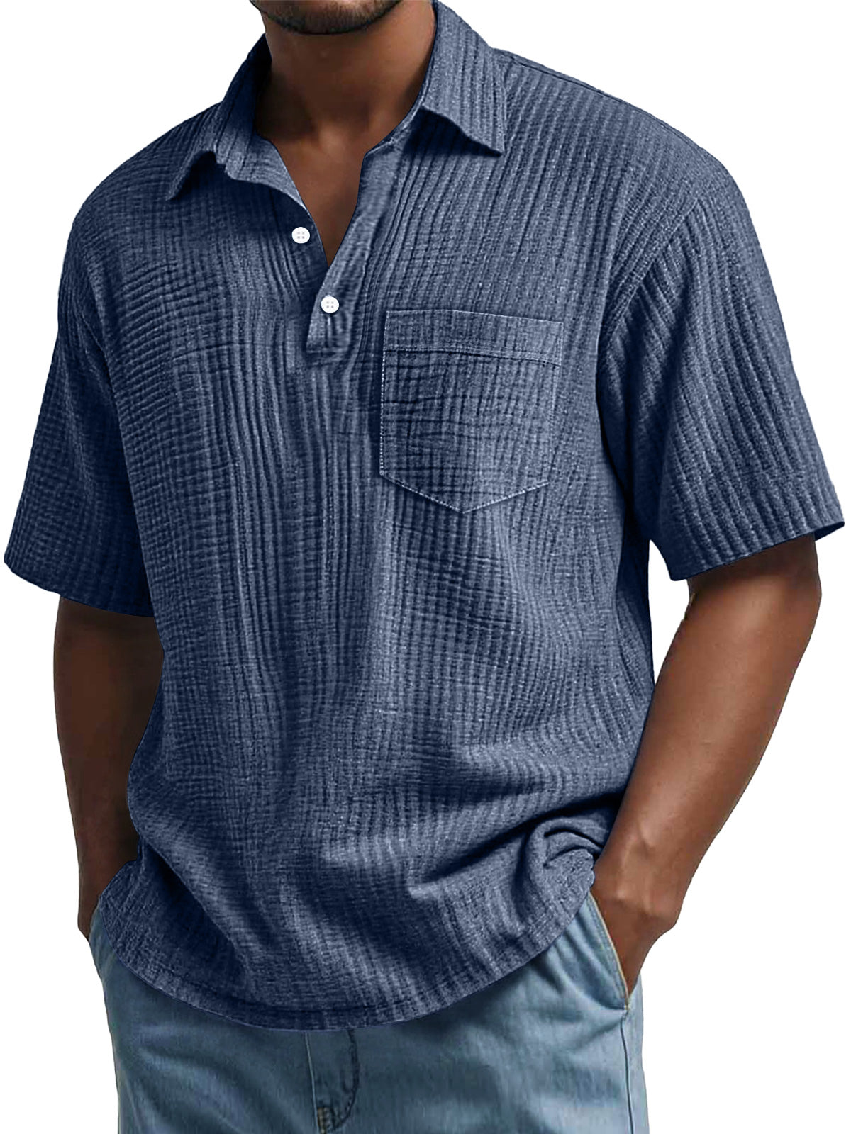 Men's Daily Pleated Casual Lapel Pocket Short Sleeve POLO Shirt