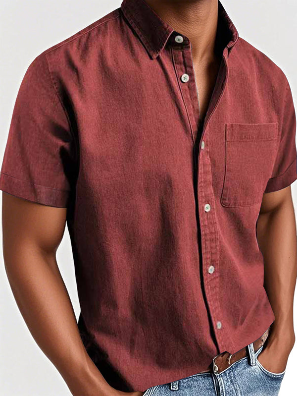 Men's Basic Retro Washed Pocket Short-sleeved Shirt